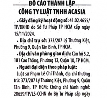 BỐ CÁO THÀNH LẬP CÔNG TY LUẬT TNHH ACASIA